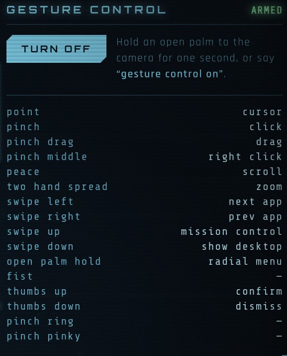 The gesture control panel: armed, with the binding table from point and pinch through swipe, open palm, fist and thumbs