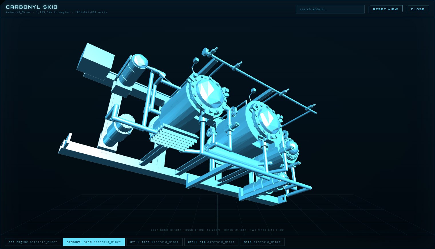 The JARVIS model viewer showing the carbonyl batch skid, two reactor vessels with piping on a frame, as a cyan hologram