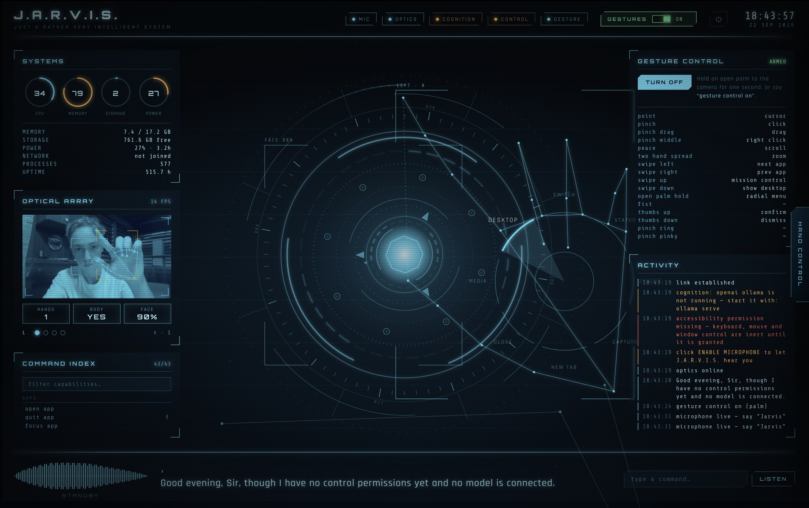 The full JARVIS heads-up interface: systems gauges, optical array with a live camera view and a tracked hand, command index, a radial gesture map in the center, gesture control panel, activity log, and a spoken status line