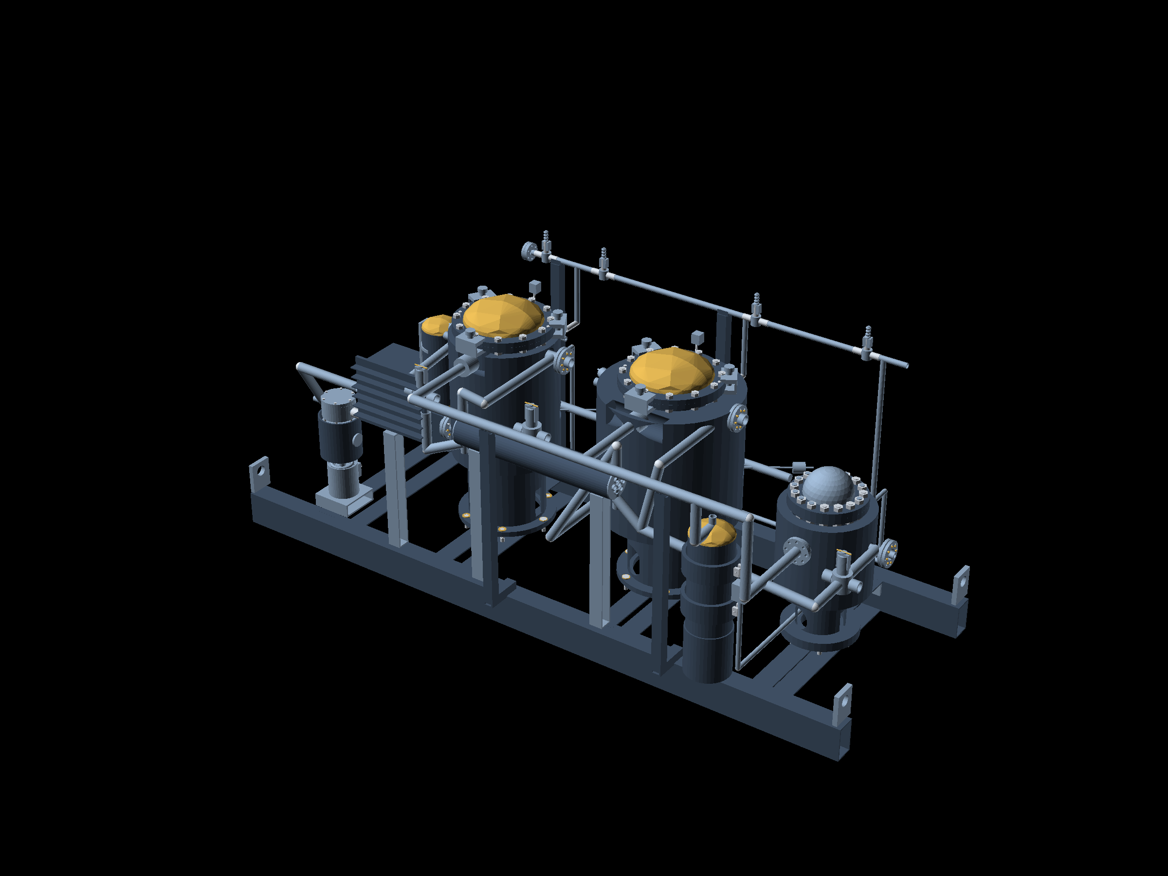Render of the carbonyl nickel batch skid: flanged pressure vessels, piping and valves on a steel skid frame