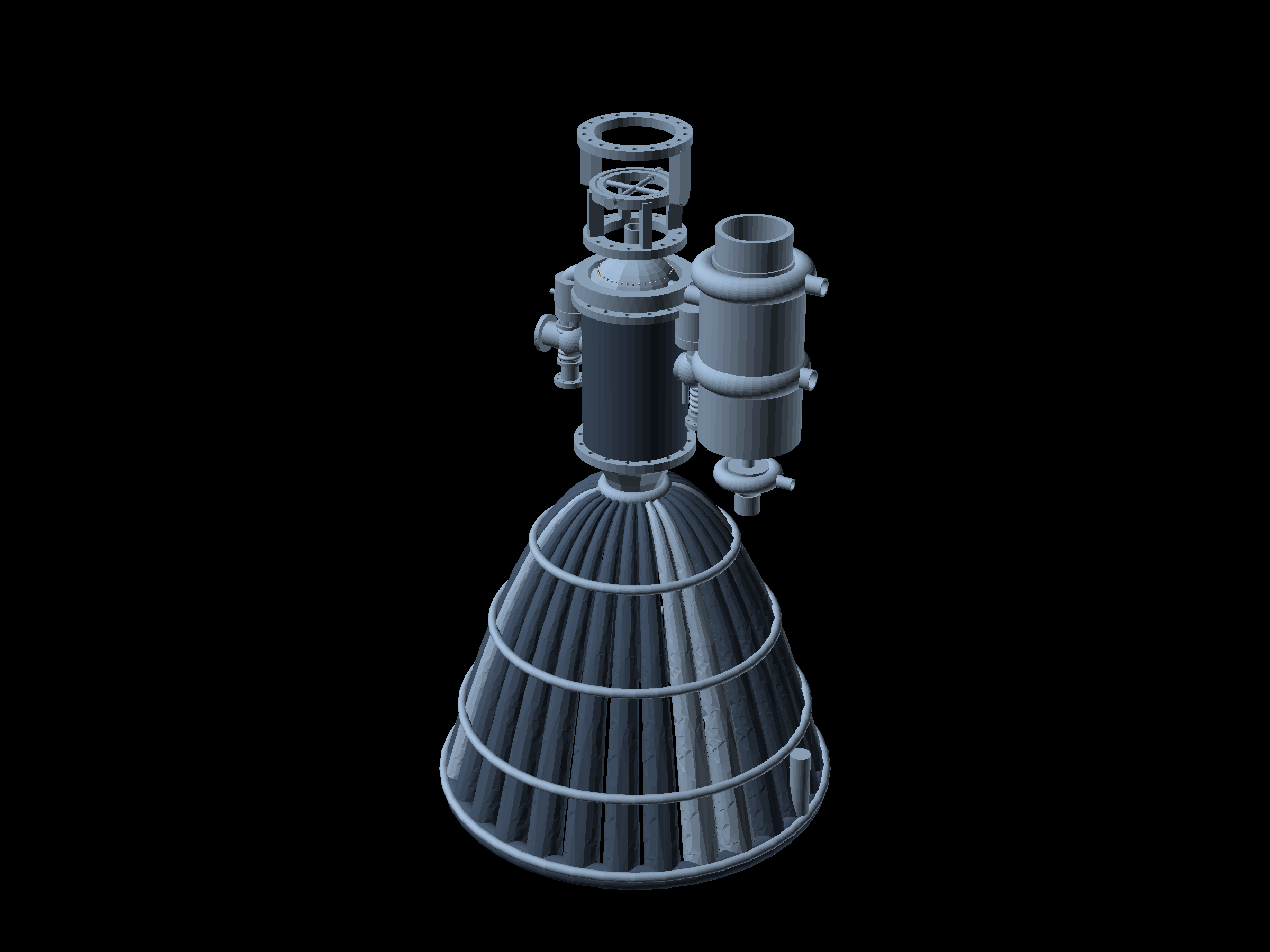 Render of the Mark 4 aft engine assembly: a tube-wall nozzle with stiffening rings, turbopump, gas generator and valves above it