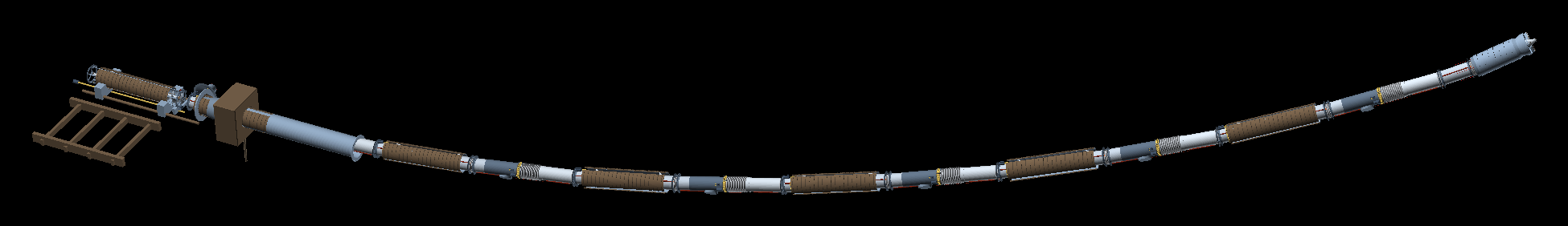 Render of the full worm string following a curved bore, with the collar station at one end
