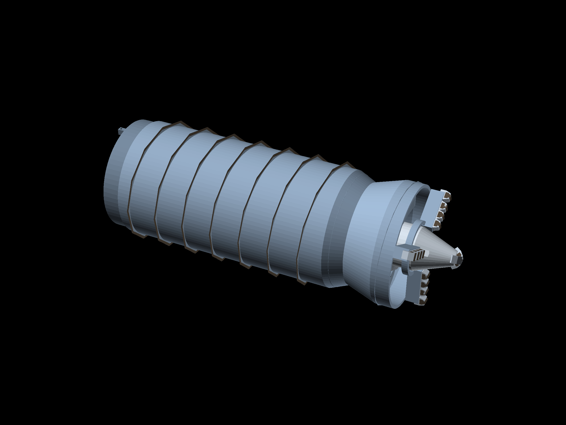 Render of the worm's cutting head: cylindrical body with helical flights and a crown of cutters around a central cone
