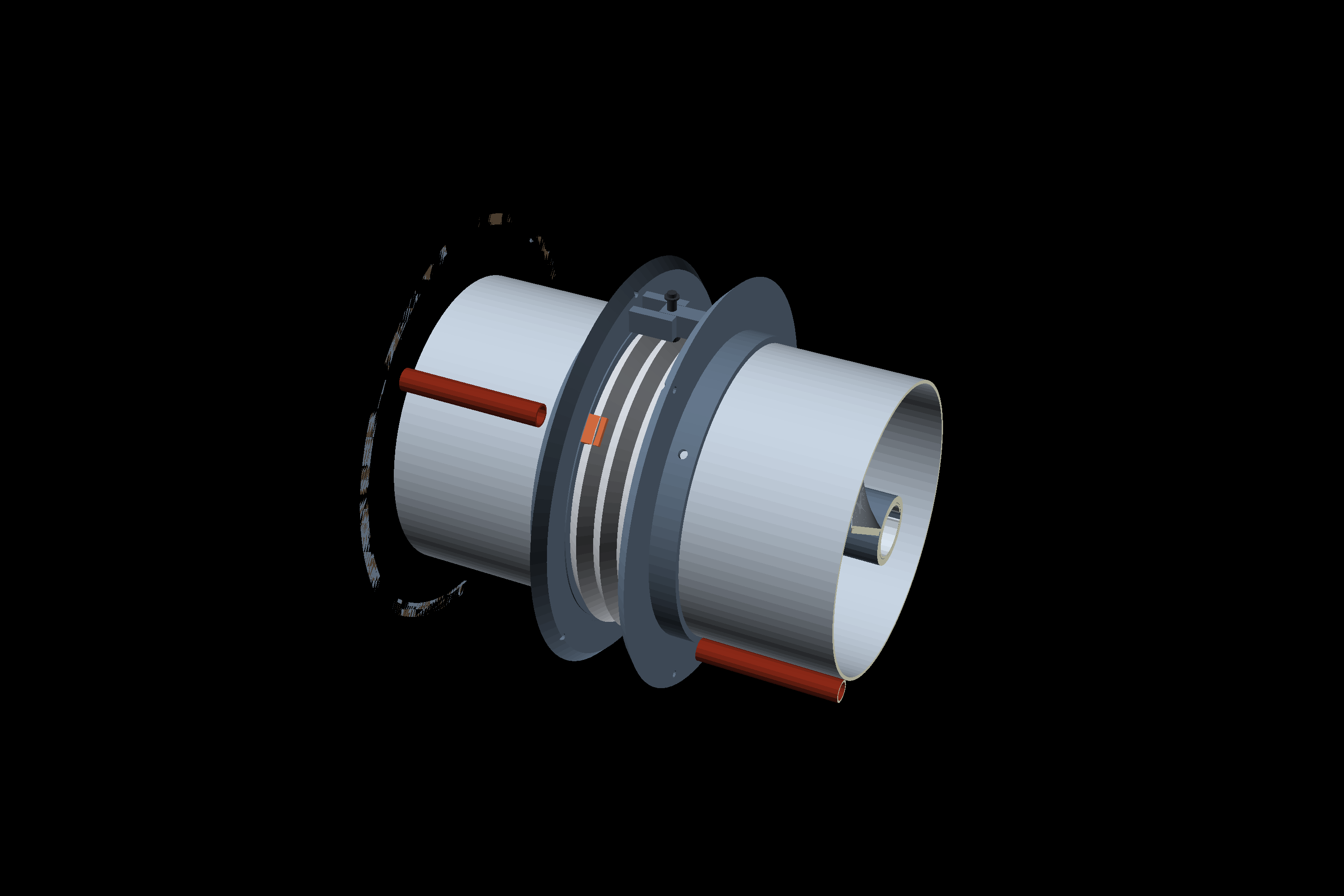 Render of two worm segments joined by a bellows, with trunnion pins