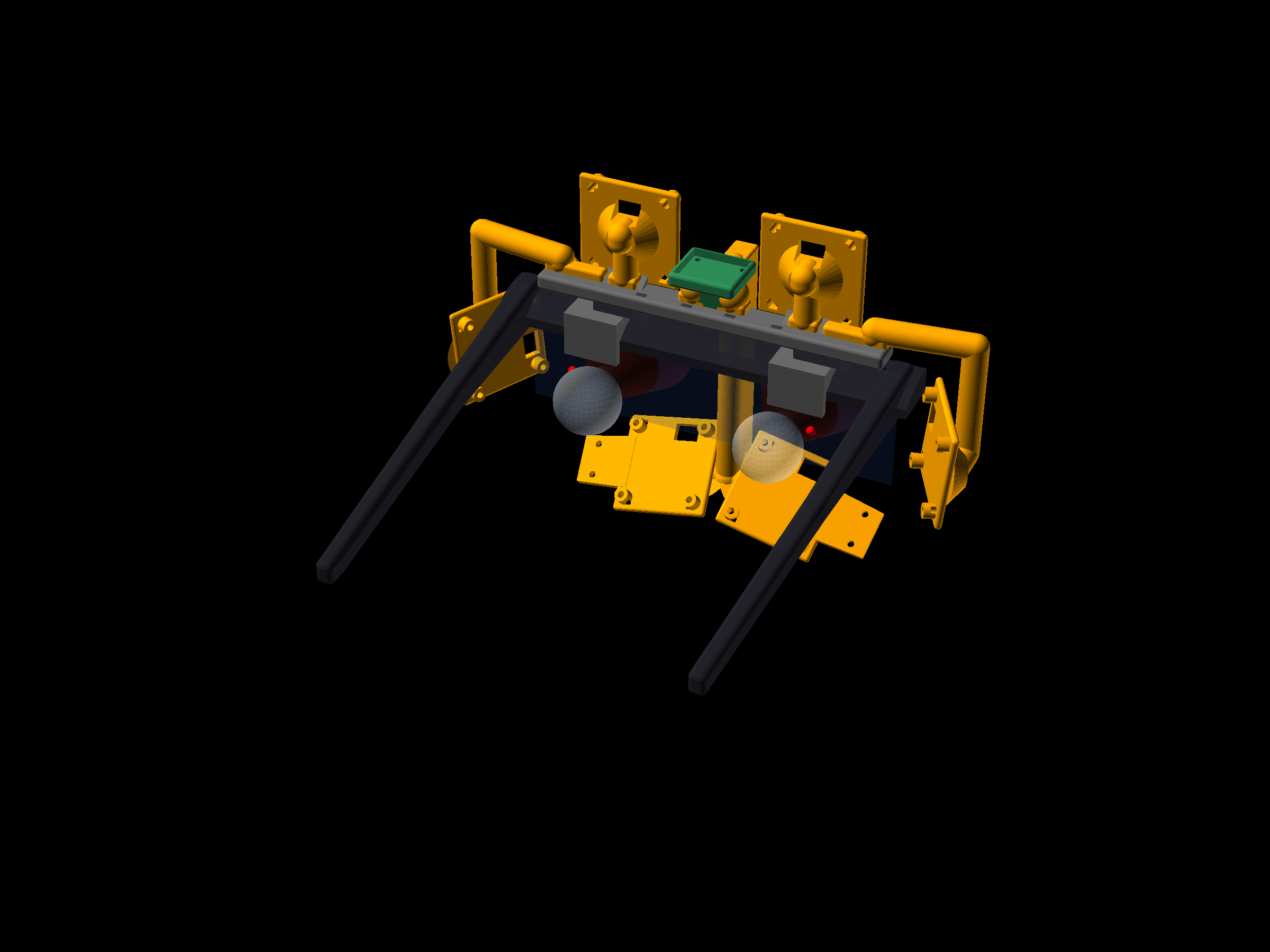 OpenSCAD render of the carrier on the glasses: orange printed holders and booms, grey rail and brow clamps, green IMU pocket