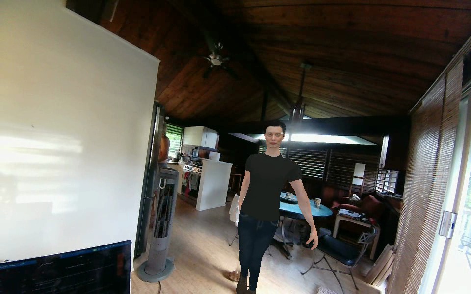 World-camera view of a room with a person walking toward the camera, replaced by a rendered character at the same position, scale and gait