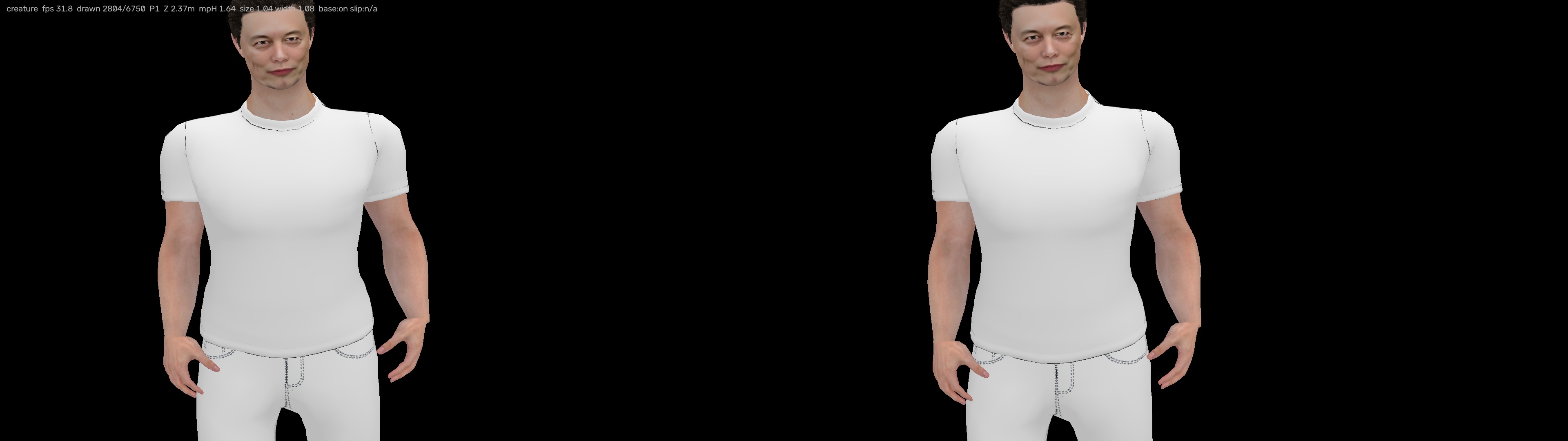 Stereo pair, left and right eye, of a rendered character standing in for a live tracked person, hands at their sides