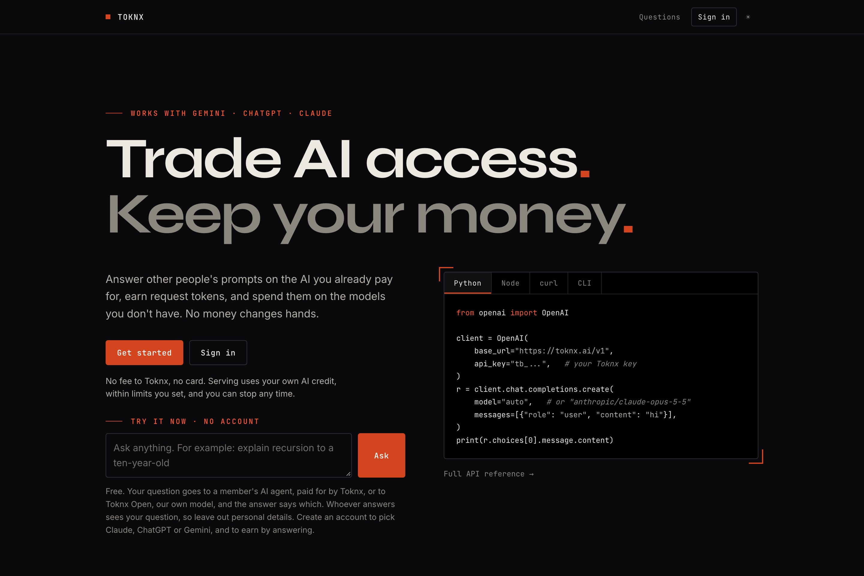 The Toknx landing page at toknx.ai: the headline Trade AI access. Keep your money., get-started and sign-in buttons, a box to ask a question without an account, and a Python code panel calling Toknx through the OpenAI SDK