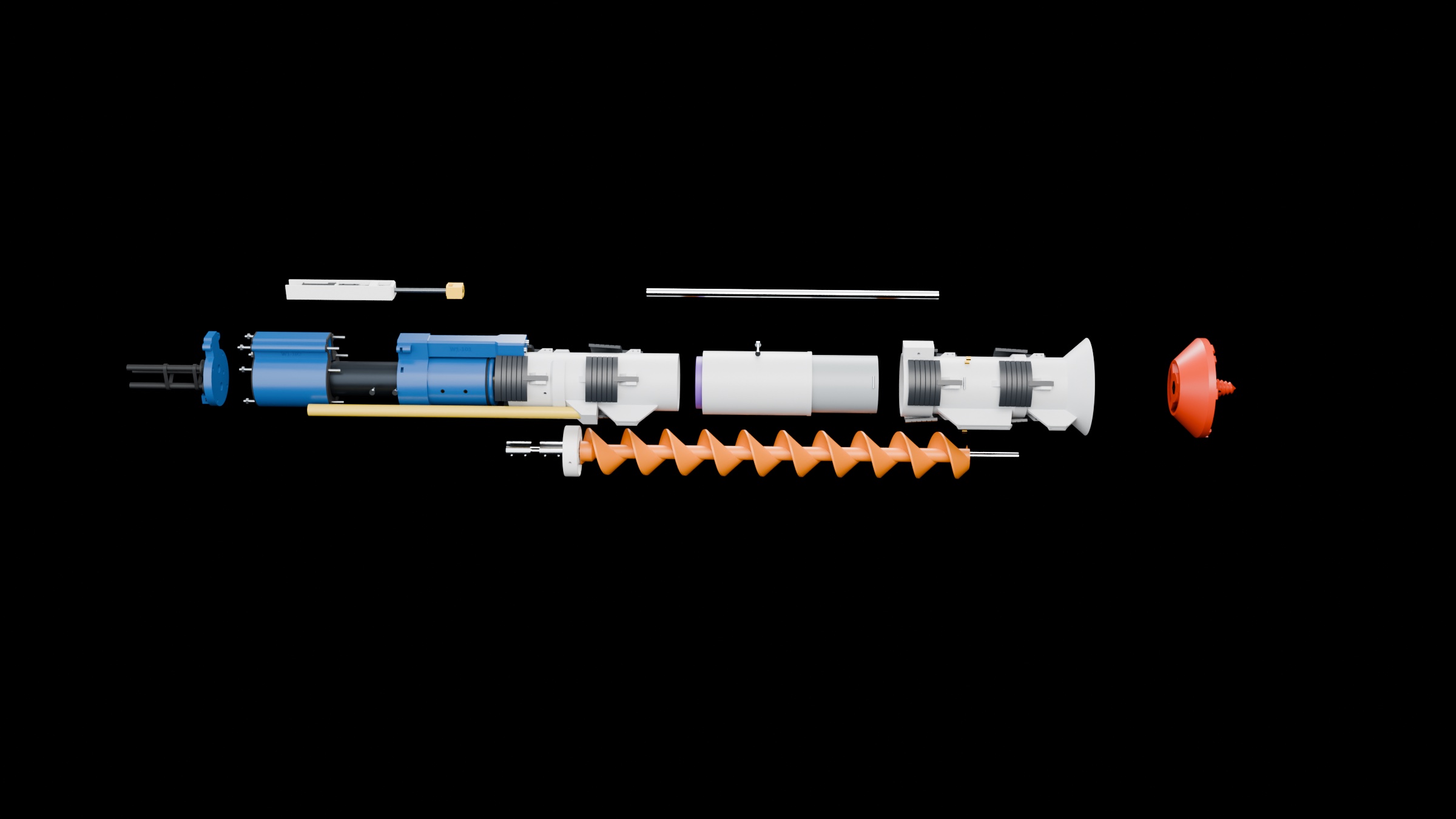 Exploded render of every part in assembly order, from the lid at the tail to the crown at the head