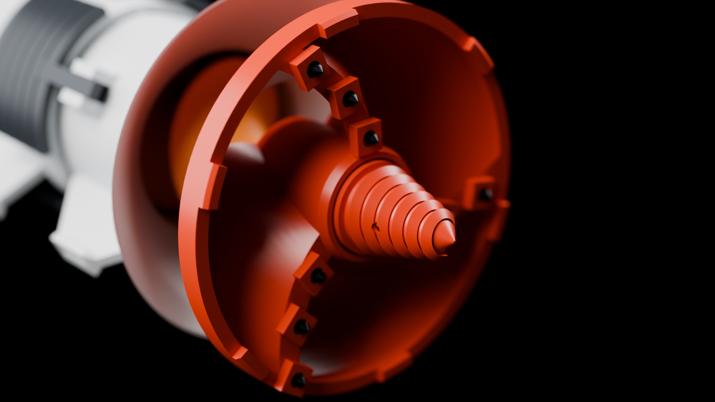 Close render of the red crown cutterhead: gauge rim with teeth, a scroll cone, three helical swept blades carrying staggered steel picks, and a threaded screw point