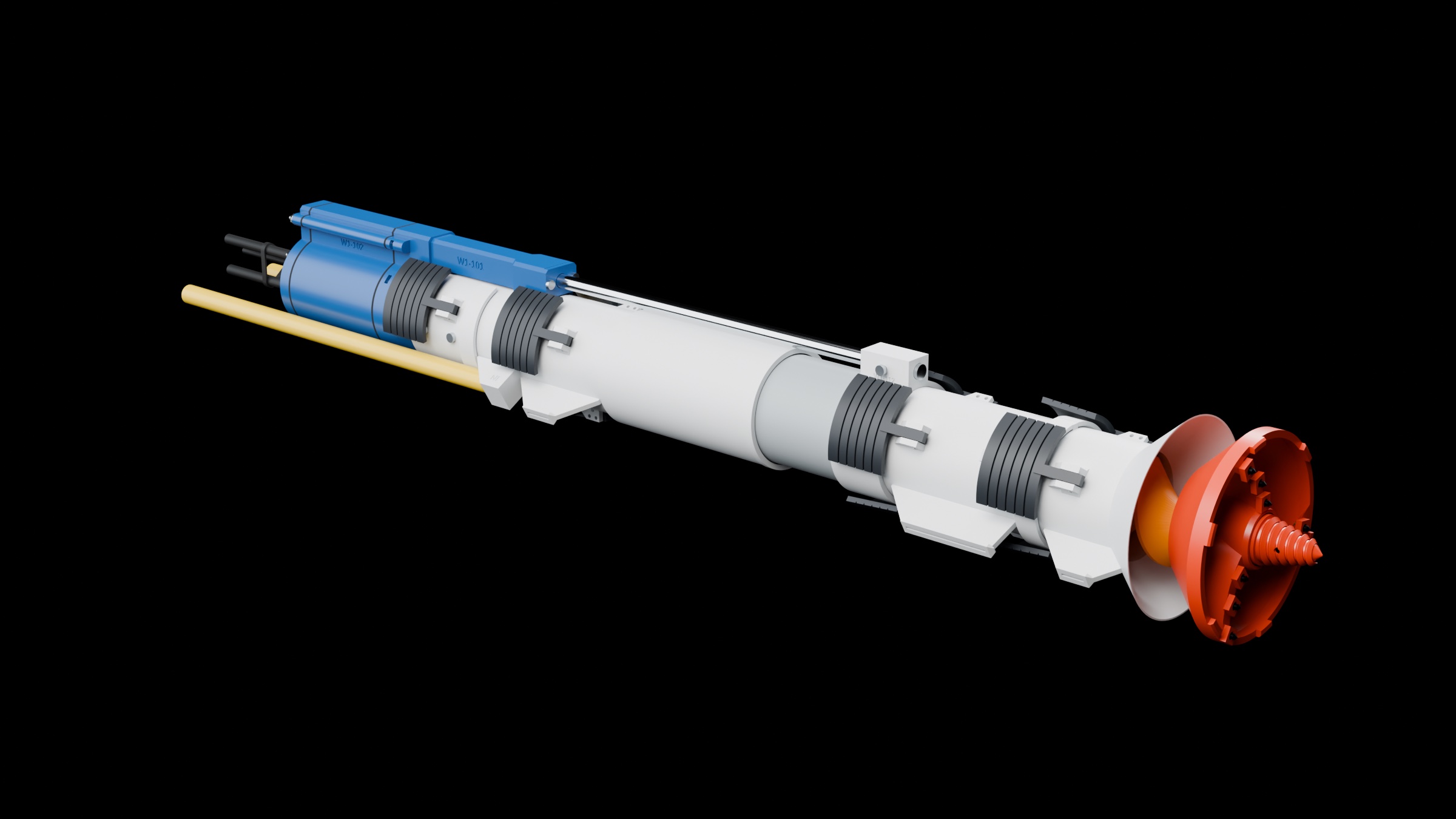 Render of the Water Worm W1: a 679 mm burrowing worm with a blue dry vessel at the tail, grey casings with folding setae shoes, and a red crown cutterhead at the front