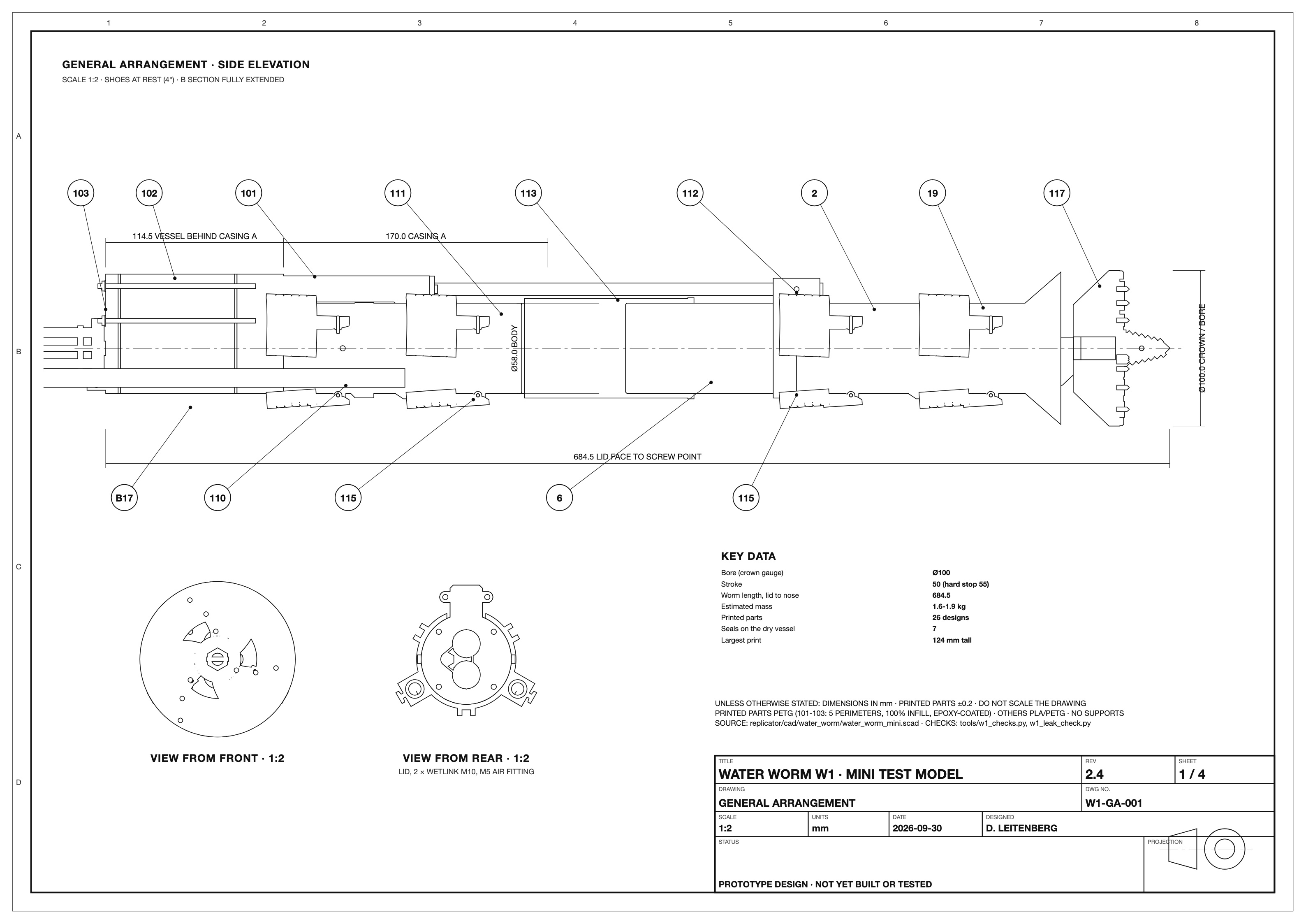 A3 general-arrangement drawing of the worm in three views with overall dimensions and part balloons