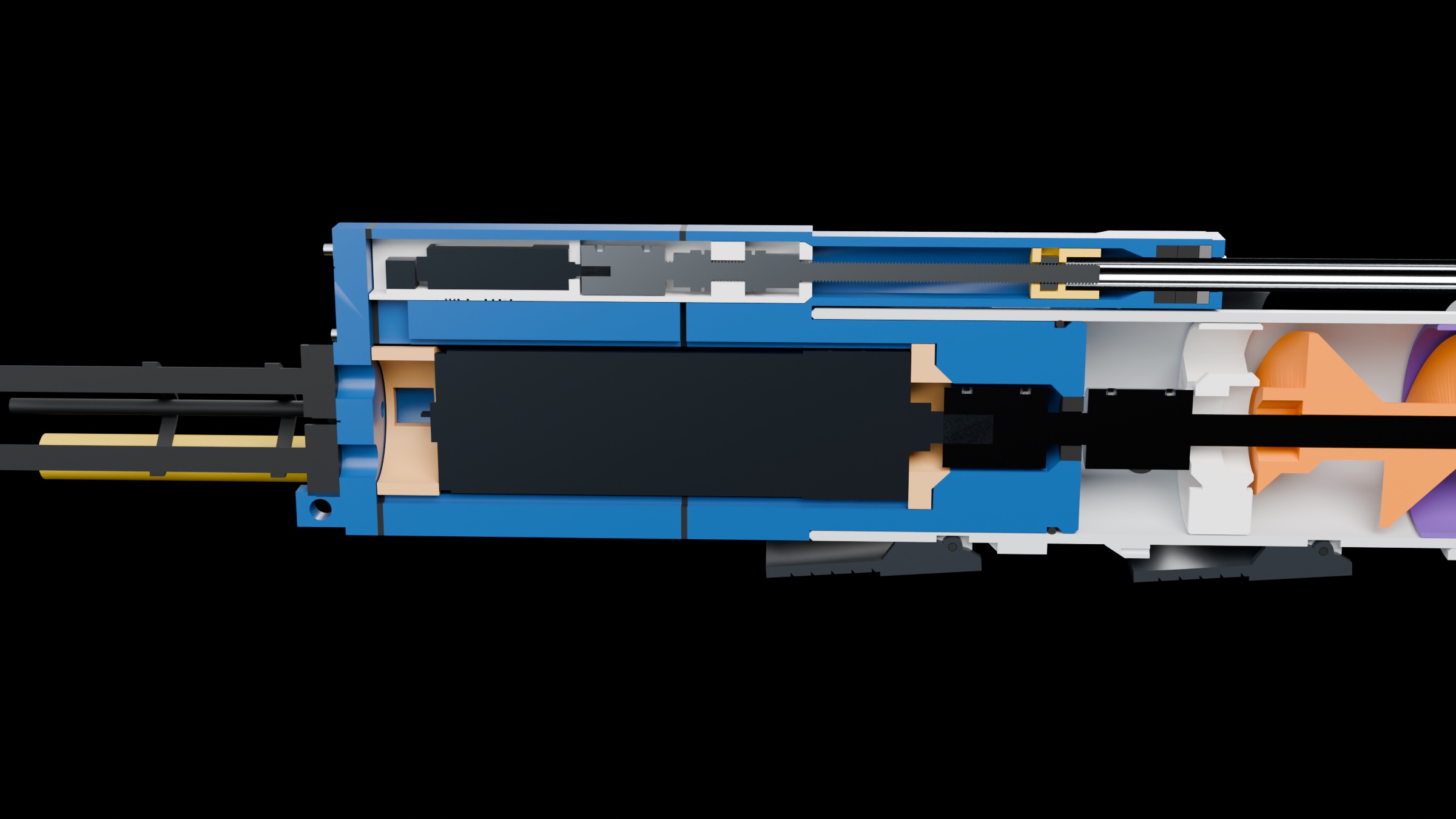 Cutaway render of the blue dry vessel showing the gearmotor, couplers, seal shaft, lead screw and sled inside